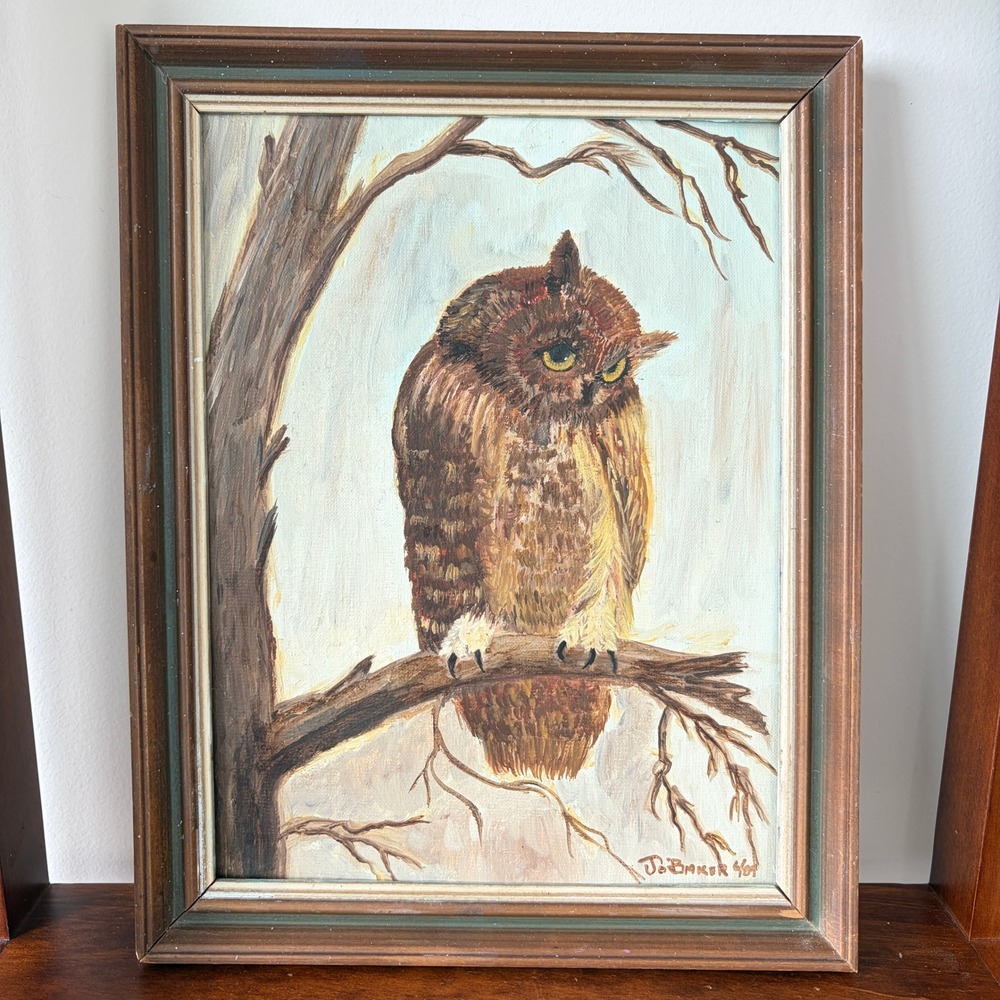 Vintage Signed Owl Oil Painting 1969 Framed Grumbacher Canvas 12x14